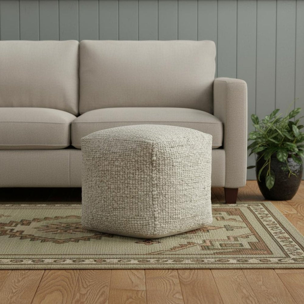 18" Ivory And Green Cotton Jute and Wool Striped Pouf Ottoman HomeRoots
