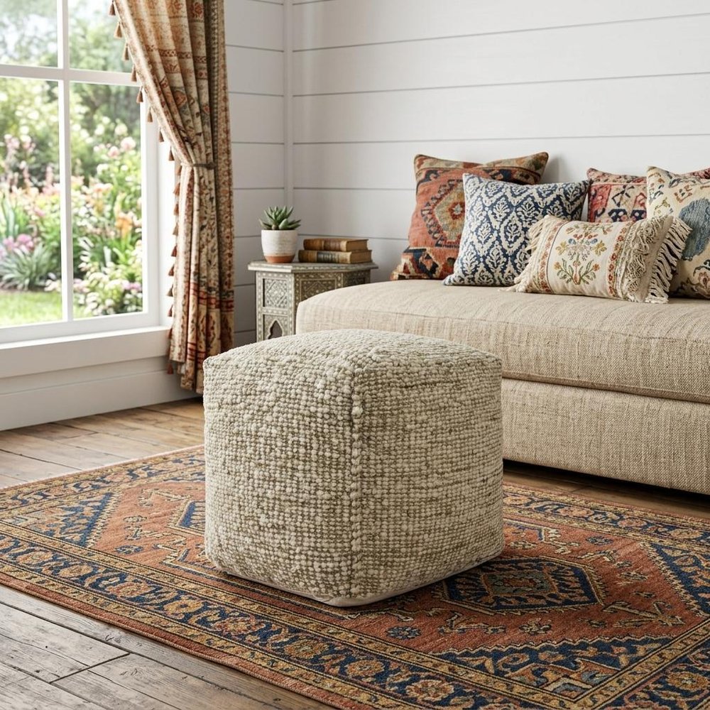 18" Ivory And Green Cotton Jute and Wool Striped Pouf Ottoman HomeRoots