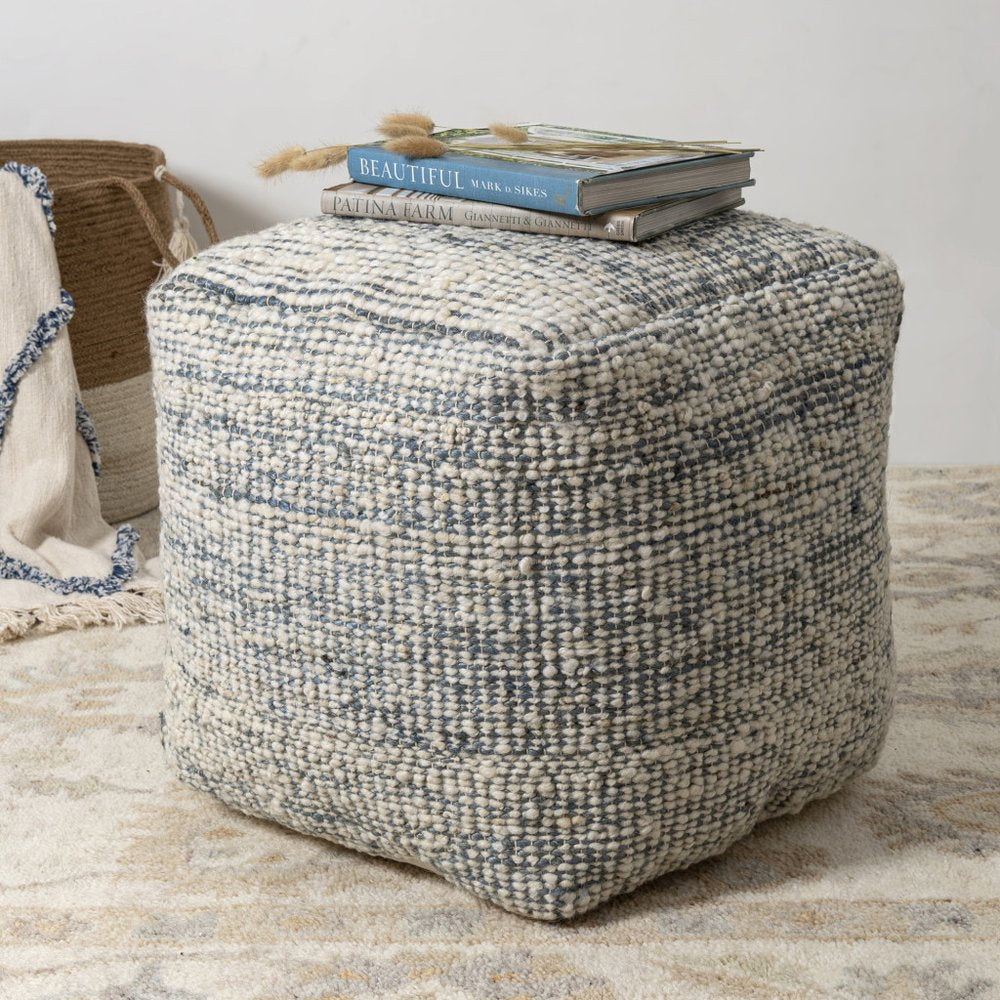 18" Ivory And Green Cotton Jute and Wool Striped Pouf Ottoman — view 9