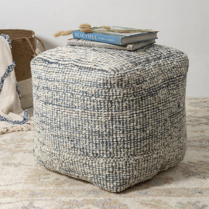 18" Ivory And Green Cotton Jute and Wool Striped Pouf Ottoman HomeRoots