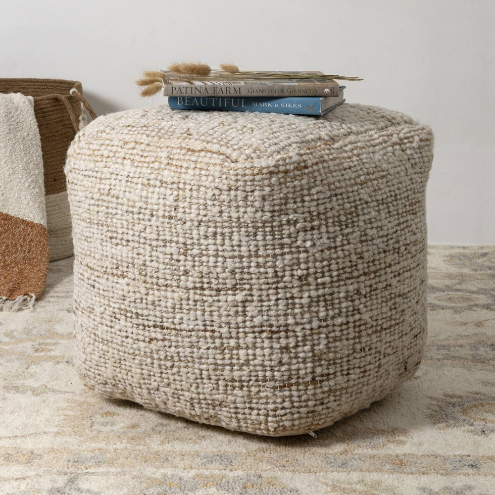18" Ivory Cotton Wool And Jute Striped Pouf Ottoman HomeRoots