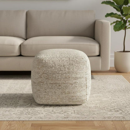 18" Ivory Cotton Wool And Jute Striped Pouf Ottoman HomeRoots