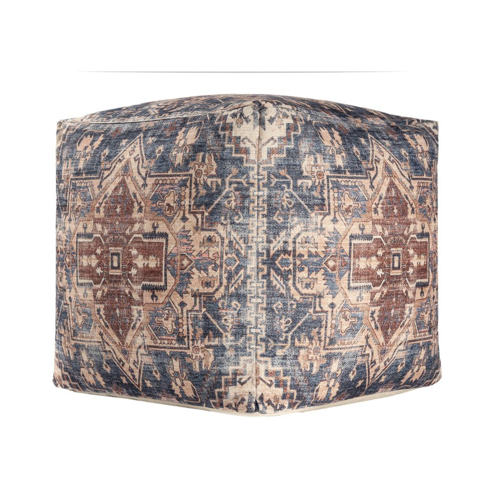 18" Navy Blue and Terra Cotta Upholstered Medallion Pouf Ottoman HomeRoots