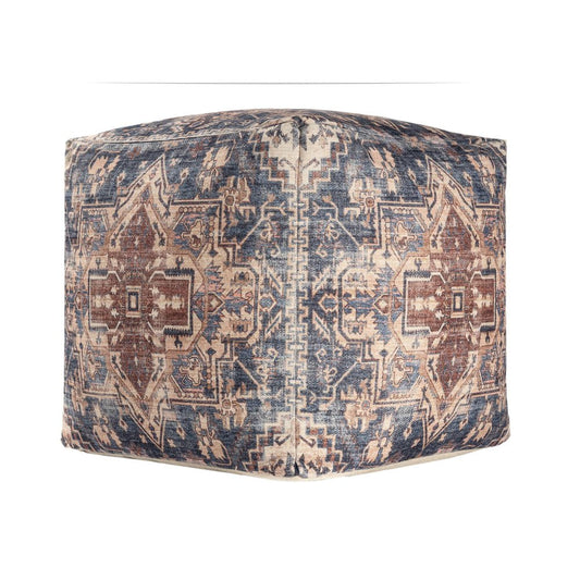 18" Navy Blue and Terra Cotta Upholstered Medallion Pouf Ottoman HomeRoots