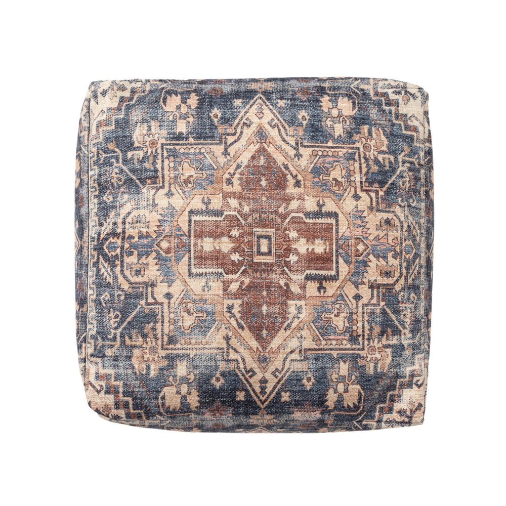 18" Navy Blue and Terra Cotta Upholstered Medallion Pouf Ottoman HomeRoots