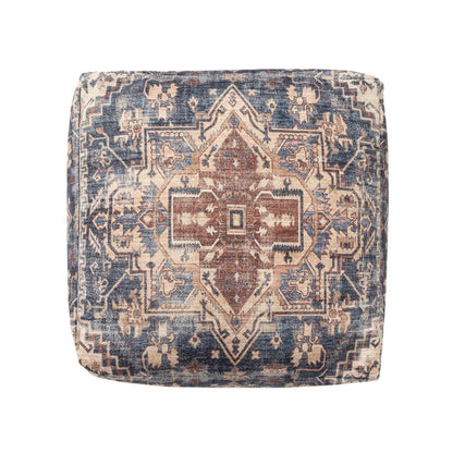 18" Navy Blue and Terra Cotta Upholstered Medallion Pouf Ottoman HomeRoots