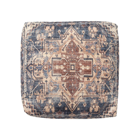 18" Navy Blue and Terra Cotta Upholstered Medallion Pouf Ottoman HomeRoots