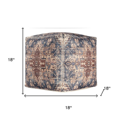 18" Navy Blue and Terra Cotta Upholstered Medallion Pouf Ottoman HomeRoots