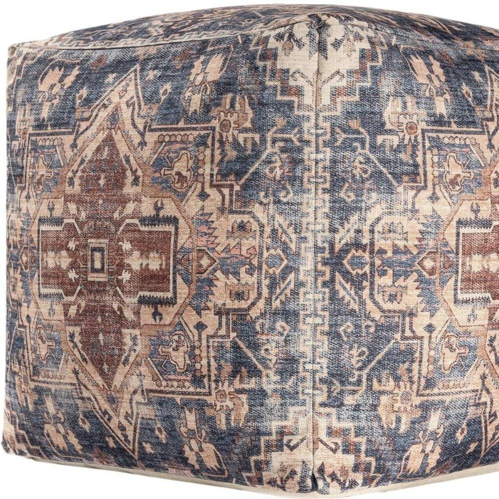 18" Navy Blue and Terra Cotta Upholstered Medallion Pouf Ottoman HomeRoots