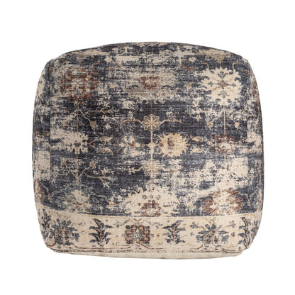 18" Navy Blue and Tan Upholstered Medallion Pouf Ottoman HomeRoots