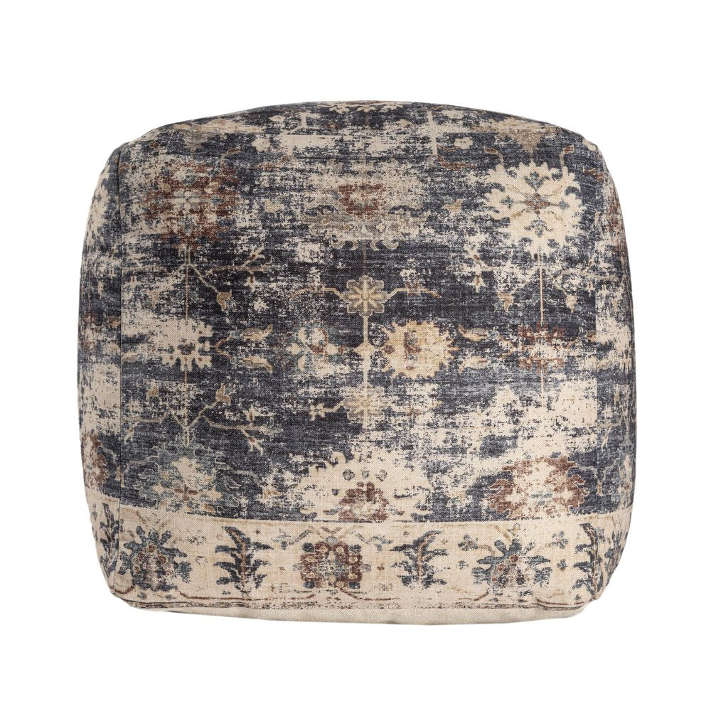 18" Navy Blue and Tan Upholstered Medallion Pouf Ottoman HomeRoots