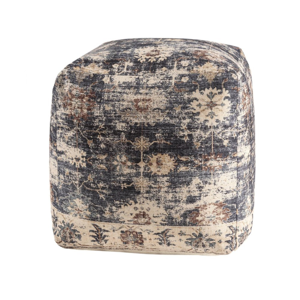 18" Navy Blue and Tan Upholstered Medallion Pouf Ottoman HomeRoots