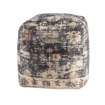 18" Navy Blue and Tan Upholstered Medallion Pouf Ottoman HomeRoots