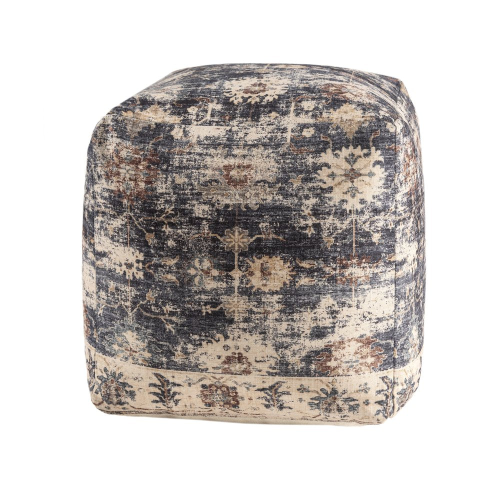 18" Navy Blue and Tan Upholstered Medallion Pouf Ottoman HomeRoots