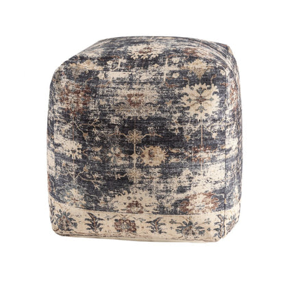 18" Navy Blue and Tan Upholstered Medallion Pouf Ottoman HomeRoots