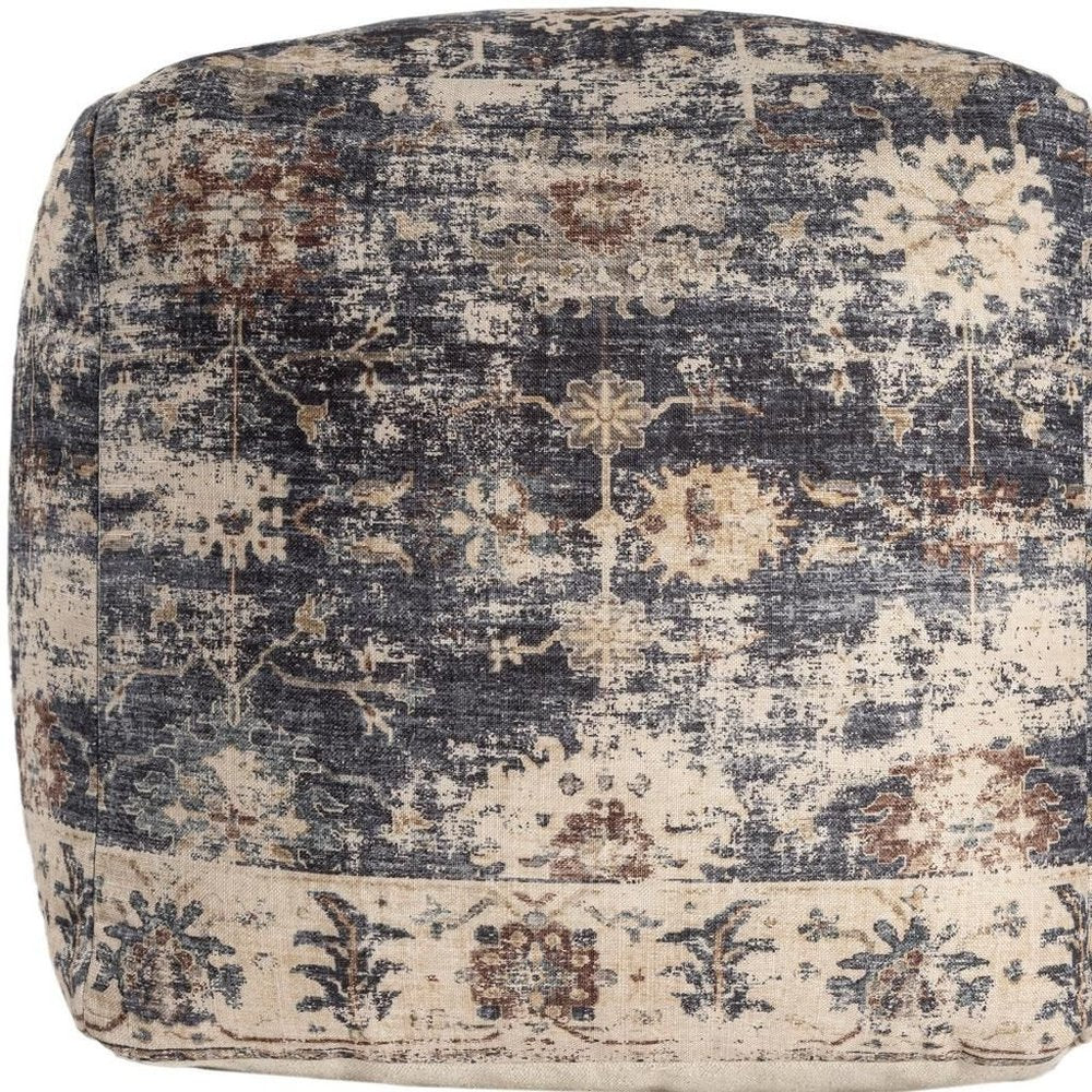 18" Navy Blue and Tan Upholstered Medallion Pouf Ottoman HomeRoots