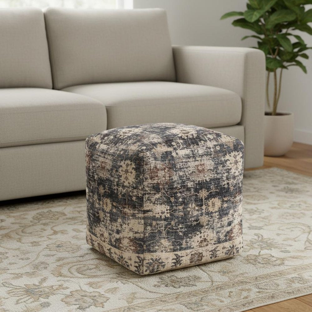 18" Navy Blue and Tan Upholstered Medallion Pouf Ottoman HomeRoots
