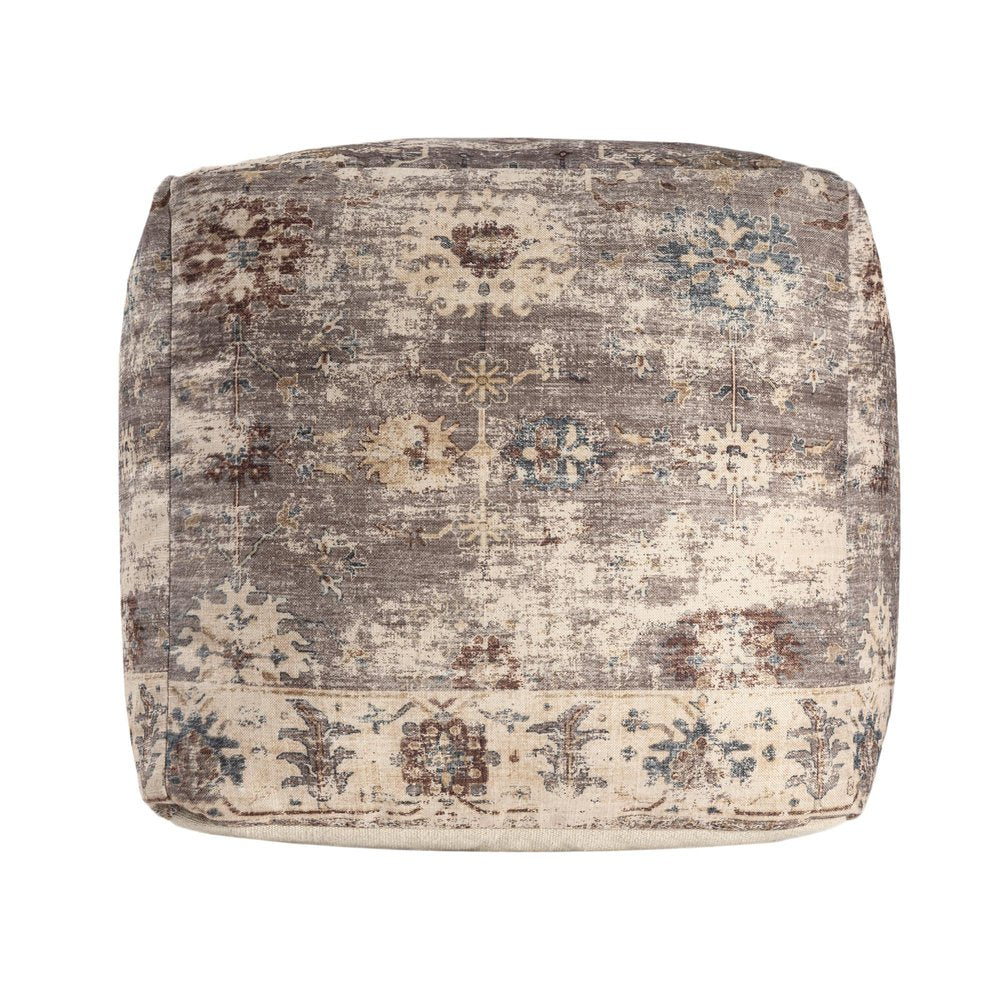 18" Ivory and Taupe Upholstered Medallion Pouf Ottoman HomeRoots