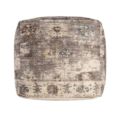 18" Ivory and Taupe Upholstered Medallion Pouf Ottoman HomeRoots