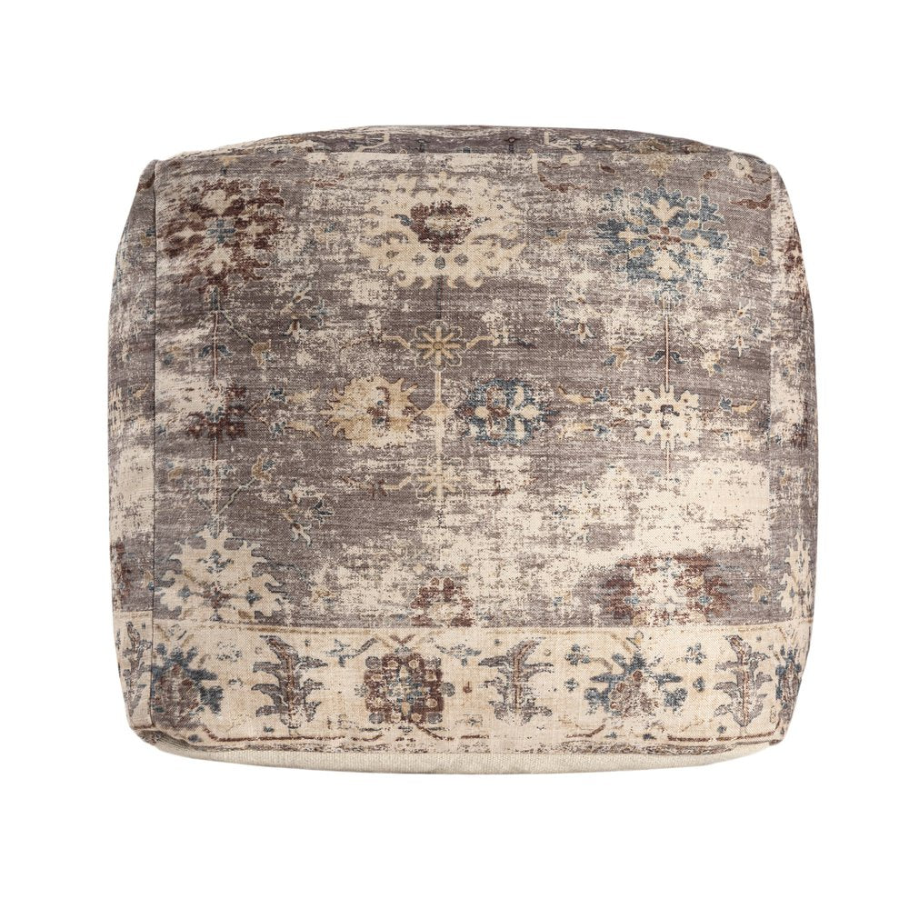 18" Ivory and Taupe Upholstered Medallion Pouf Ottoman HomeRoots