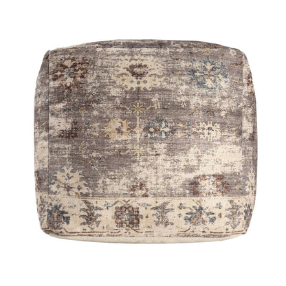18" Ivory and Taupe Upholstered Medallion Pouf Ottoman HomeRoots
