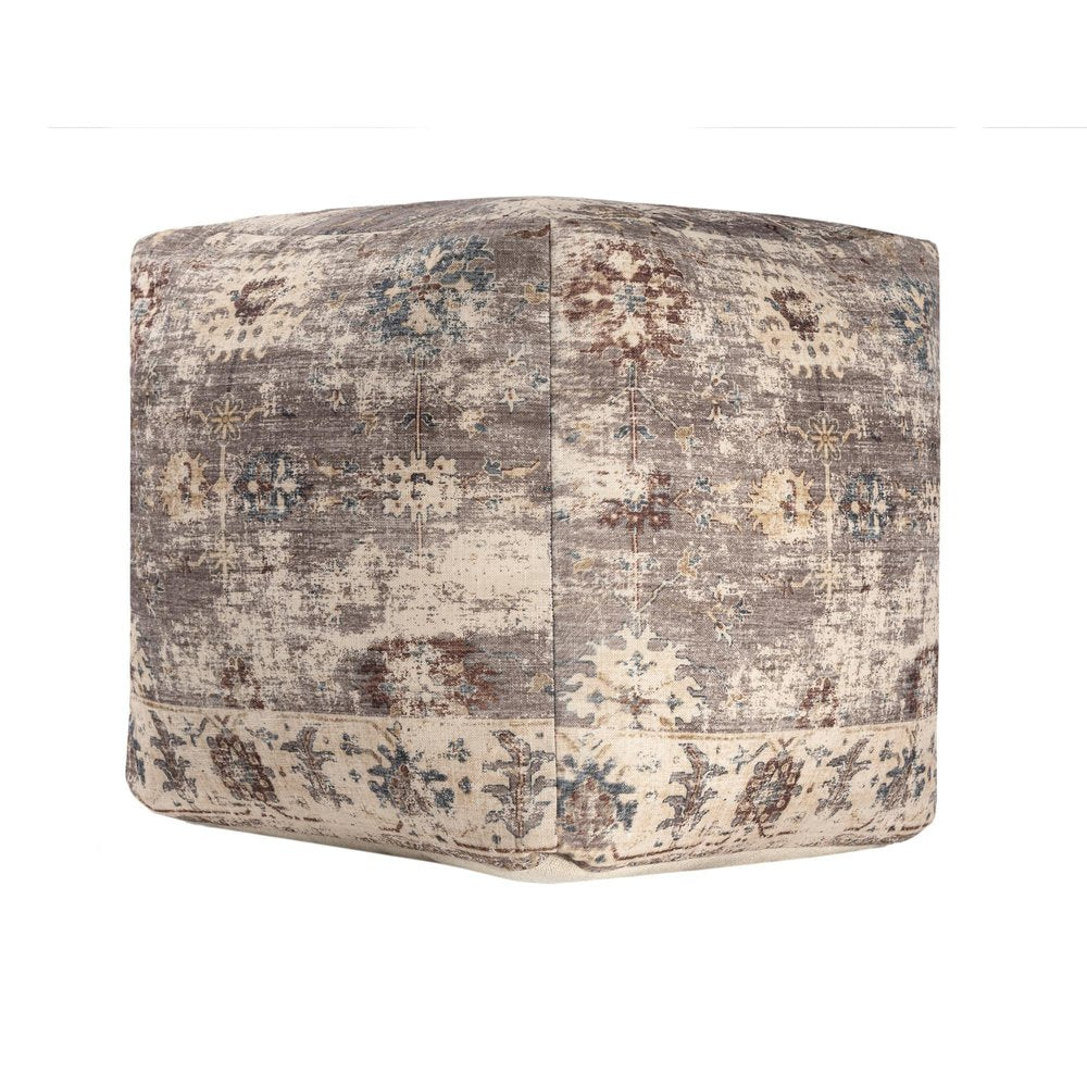 18" Ivory and Taupe Upholstered Medallion Pouf Ottoman HomeRoots