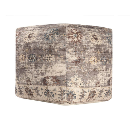 18" Ivory and Taupe Upholstered Medallion Pouf Ottoman HomeRoots