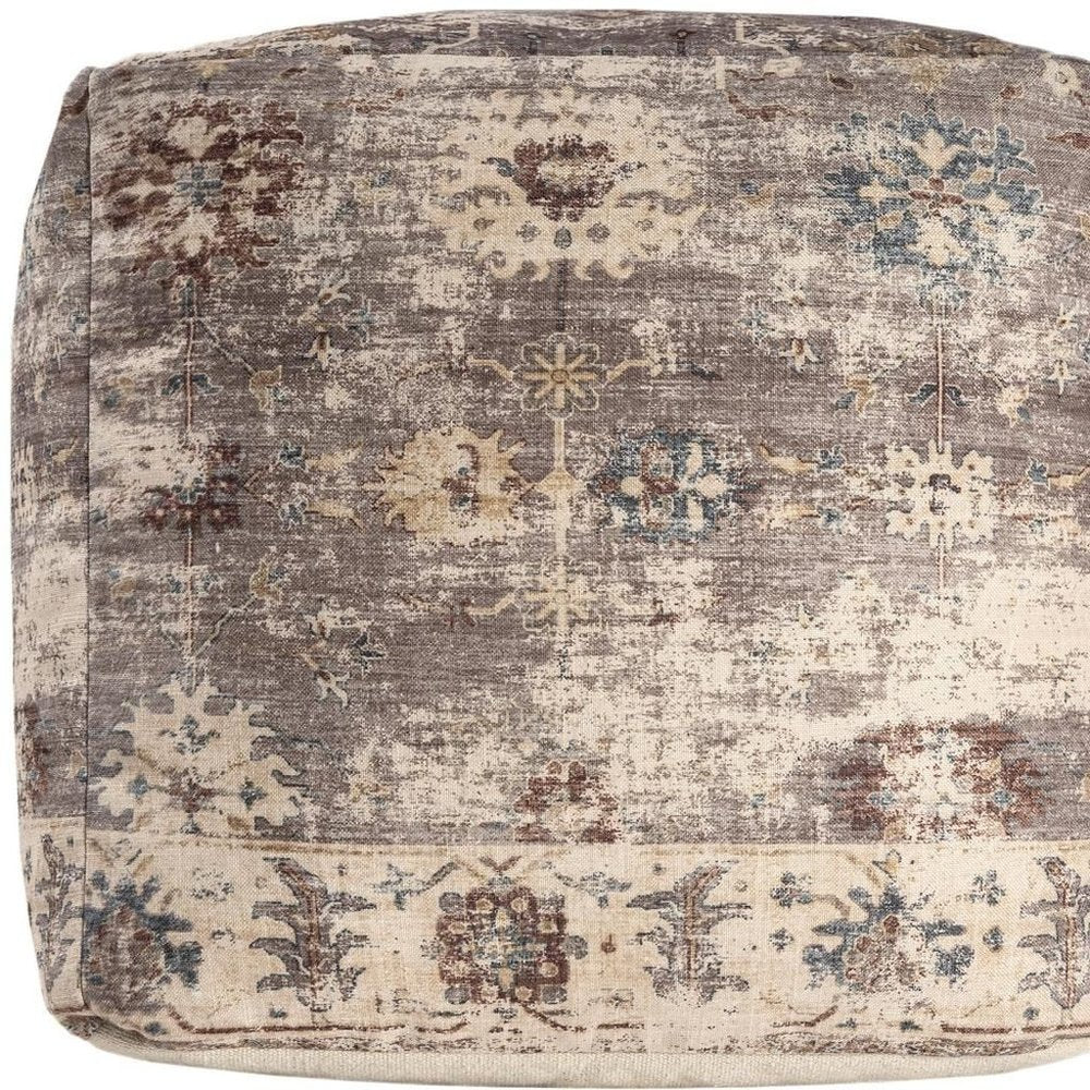 18" Ivory and Taupe Upholstered Medallion Pouf Ottoman HomeRoots
