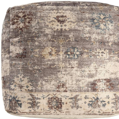 18" Ivory and Taupe Upholstered Medallion Pouf Ottoman HomeRoots