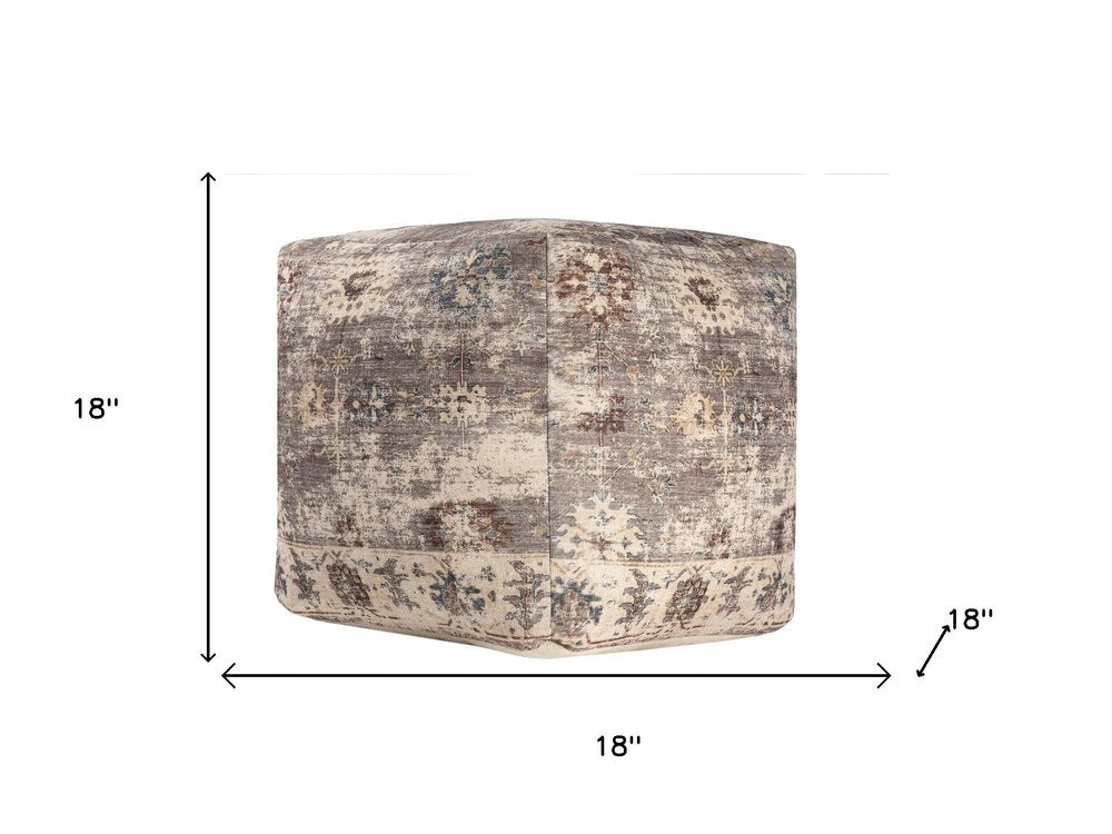 18" Ivory and Taupe Upholstered Medallion Pouf Ottoman HomeRoots