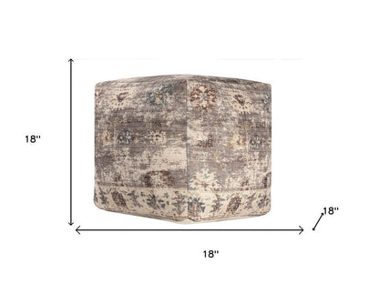 18" Ivory and Taupe Upholstered Medallion Pouf Ottoman HomeRoots