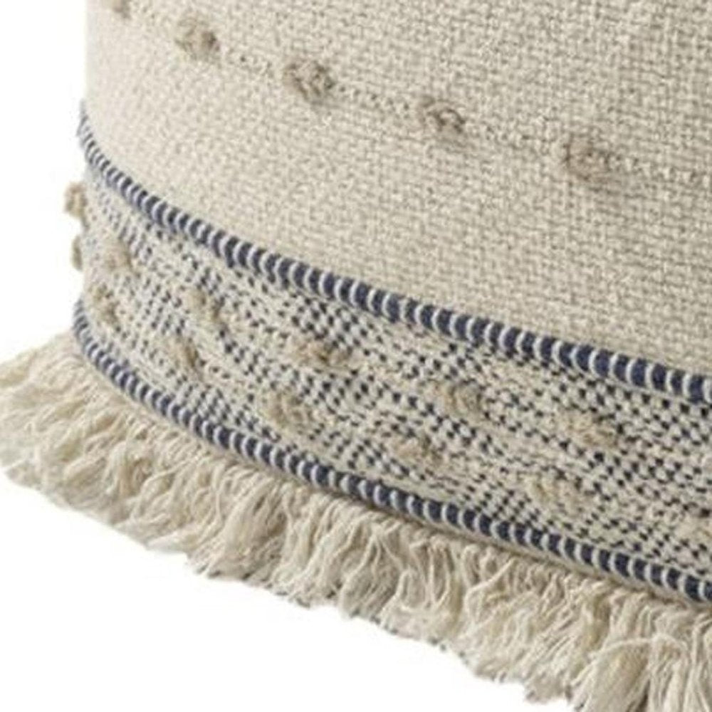 18" Ivory and Navy Blue Cotton and Wool Striped Pouf Ottoman HomeRoots