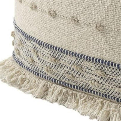 18" Ivory and Navy Blue Cotton and Wool Striped Pouf Ottoman HomeRoots