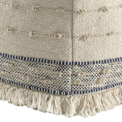 18" Ivory and Navy Blue Cotton and Wool Striped Pouf Ottoman HomeRoots