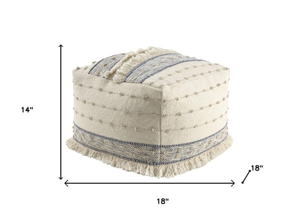 18" Ivory and Navy Blue Cotton and Wool Striped Pouf Ottoman HomeRoots