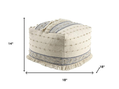18" Ivory and Navy Blue Cotton and Wool Striped Pouf Ottoman HomeRoots