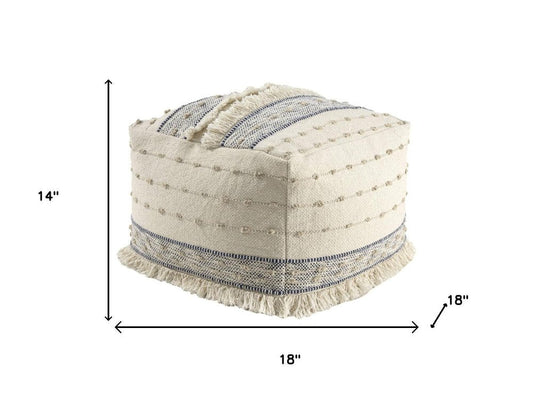 18" Ivory and Navy Blue Cotton and Wool Striped Pouf Ottoman HomeRoots