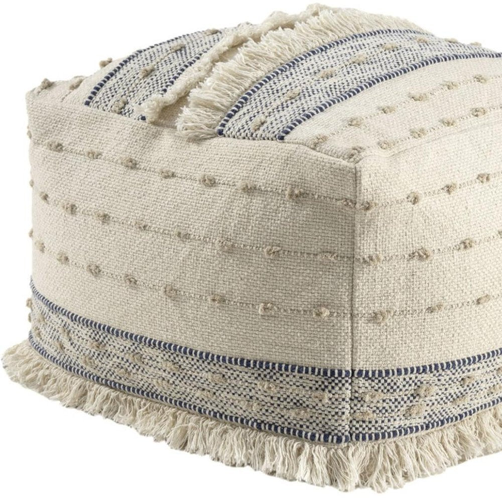 18" Ivory and Navy Blue Cotton and Wool Striped Pouf Ottoman HomeRoots