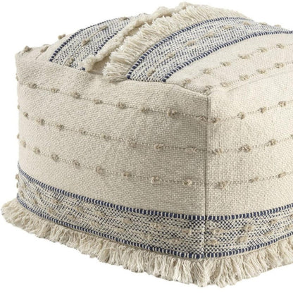 18" Ivory and Navy Blue Cotton and Wool Striped Pouf Ottoman HomeRoots