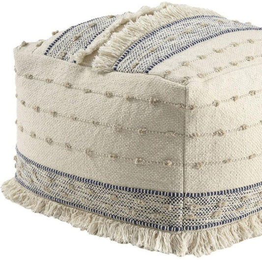 18" Ivory and Navy Blue Cotton and Wool Striped Pouf Ottoman HomeRoots