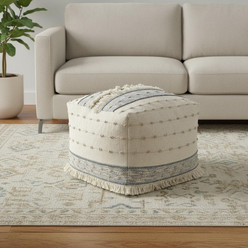 18" Ivory and Navy Blue Cotton and Wool Striped Pouf Ottoman HomeRoots