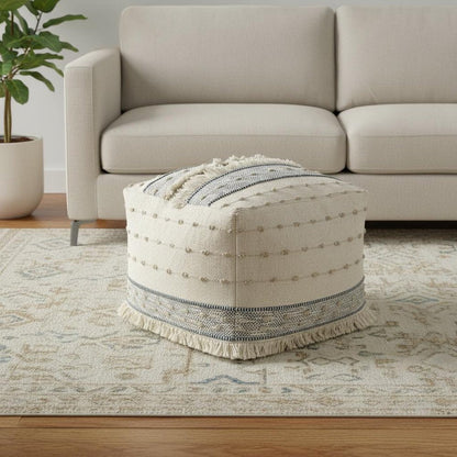18" Ivory and Navy Blue Cotton and Wool Striped Pouf Ottoman HomeRoots