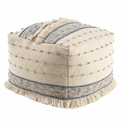 18" Ivory and Navy Blue Cotton and Wool Striped Pouf Ottoman HomeRoots