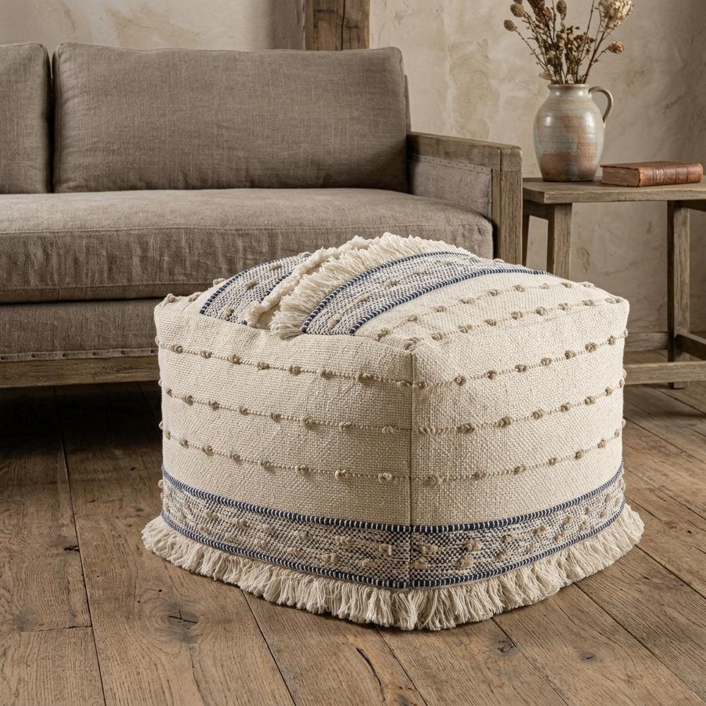 18" Ivory and Navy Blue Cotton and Wool Striped Pouf Ottoman — view 7
