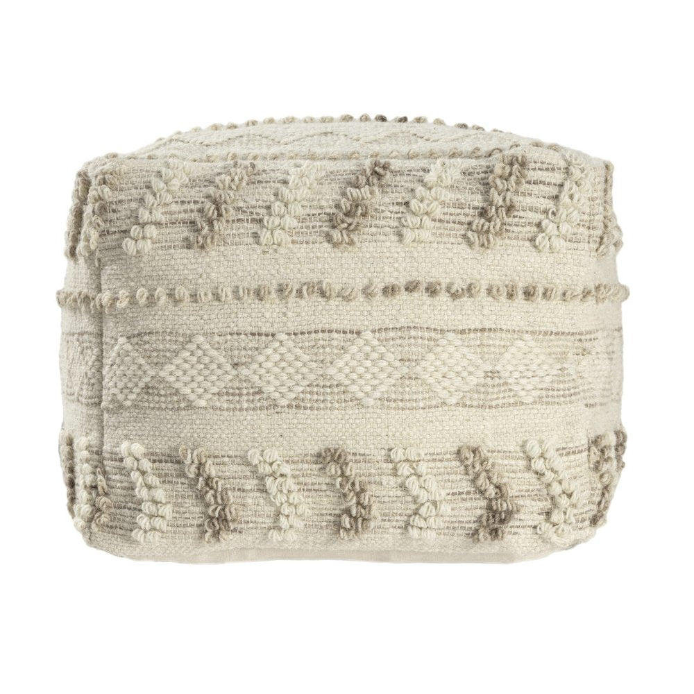 18" Ivory and Natural Cotton And Wool Striped Pouf Ottoman HomeRoots