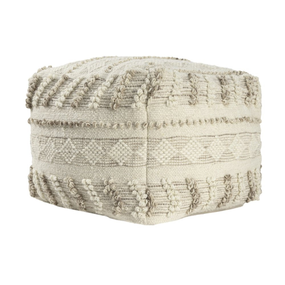 18" Ivory and Natural Cotton And Wool Striped Pouf Ottoman HomeRoots