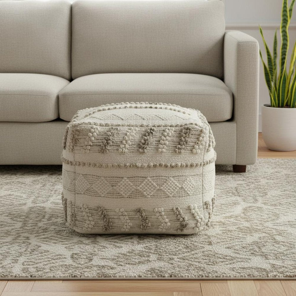 18" Ivory and Natural Cotton And Wool Striped Pouf Ottoman HomeRoots