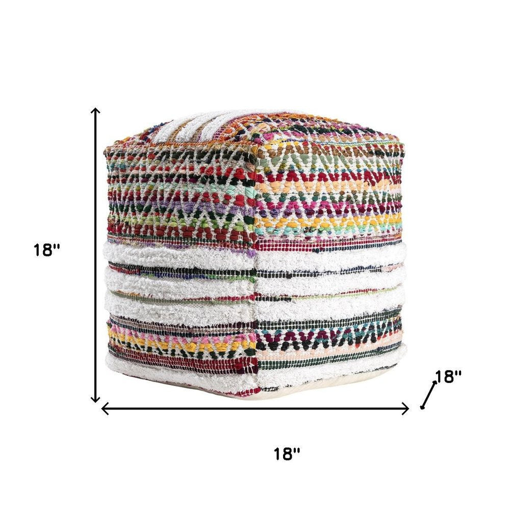 18" Natural And Rainbow Cotton Blend Chevron Pouf Ottoman HomeRoots
