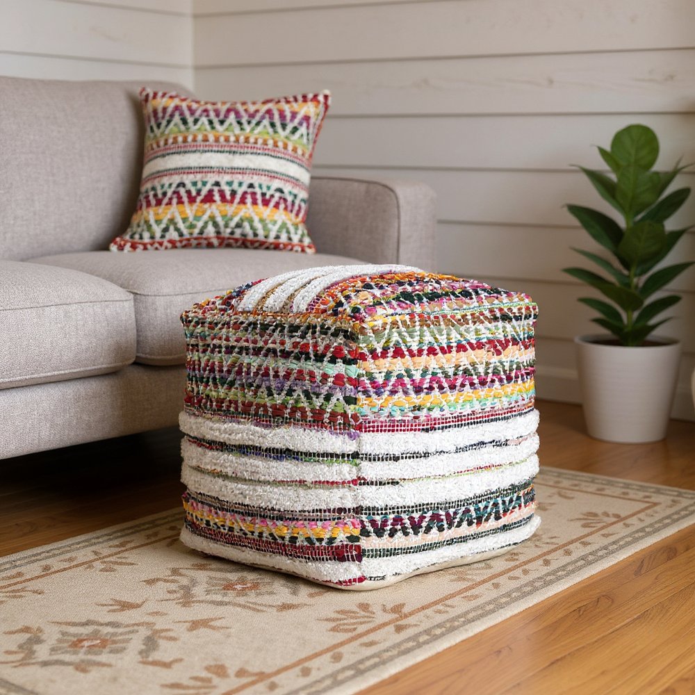 18" Natural And Rainbow Cotton Blend Chevron Pouf Ottoman HomeRoots