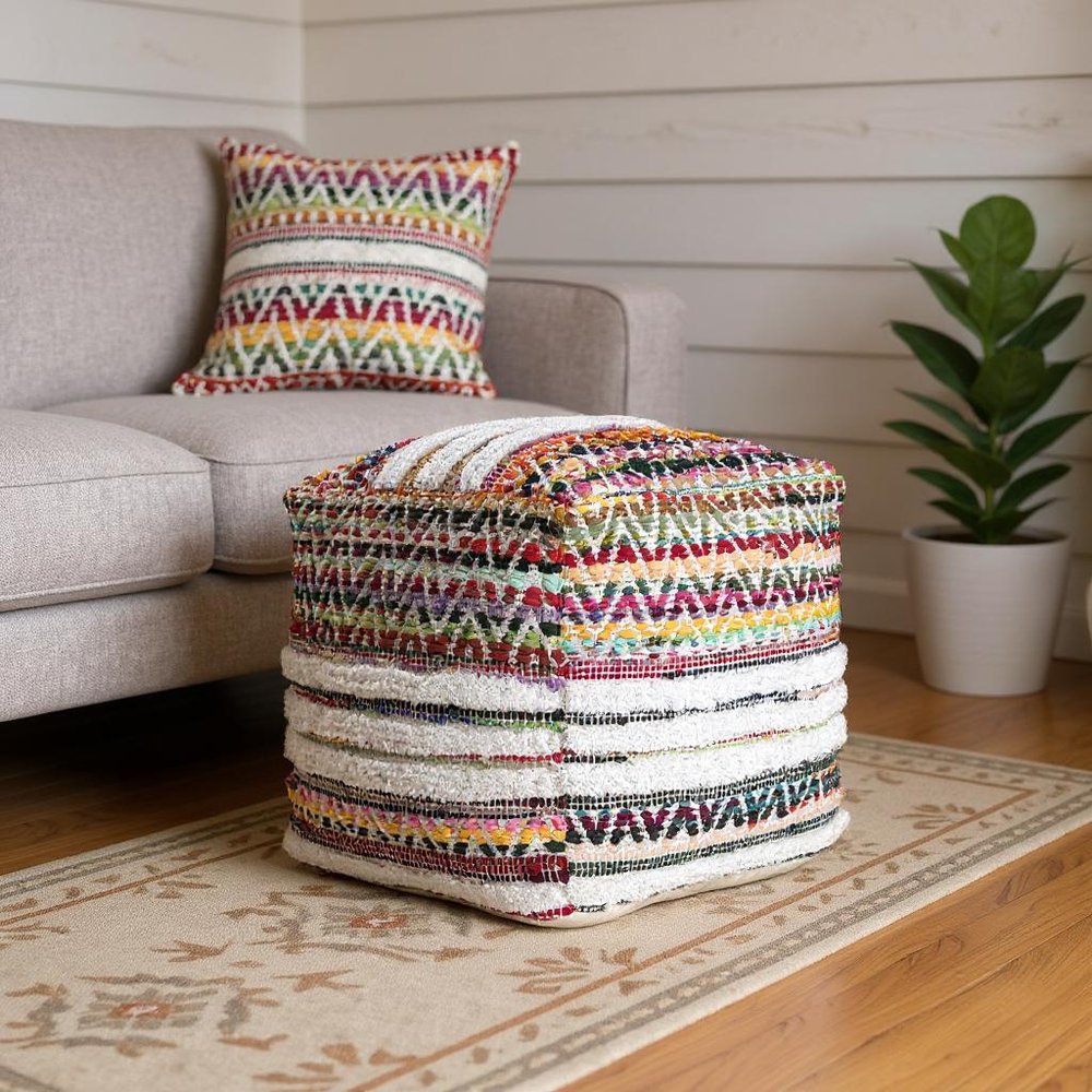 18" Natural And Rainbow Cotton Blend Chevron Pouf Ottoman HomeRoots